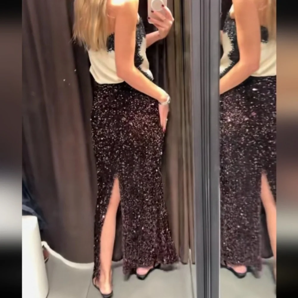 ZARA LONG SEQUIN SKIRT BROWN LARGE
